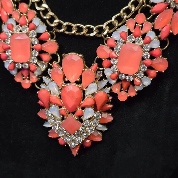 Coral & Gold Floral Statement Necklace With Rhinestones & Dual Chain Links - Picture 2 of 8